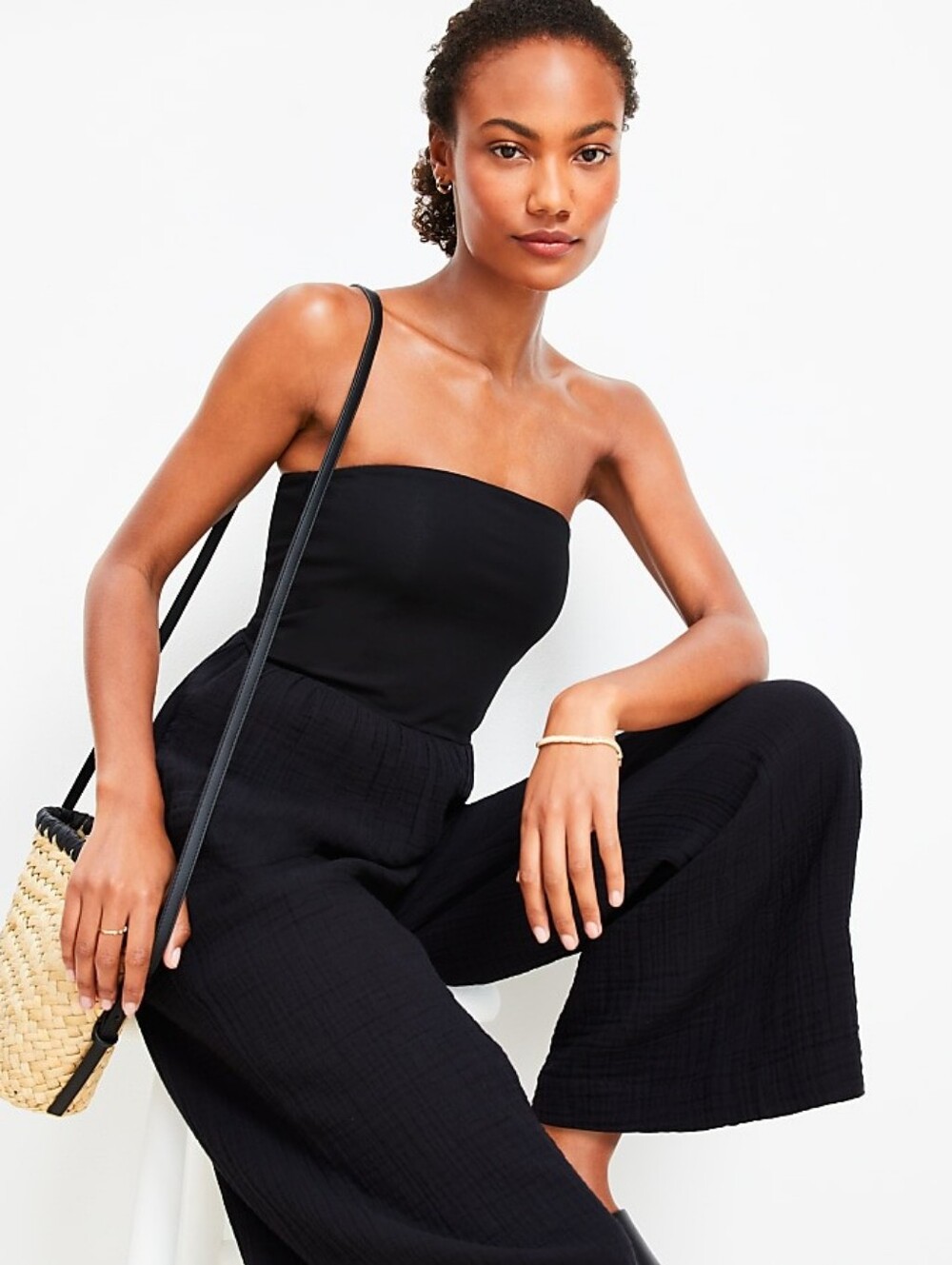 Nwt Loft Beach Triple Cloth Mixed Media Strapless Jumpsuit Black Gauze Small